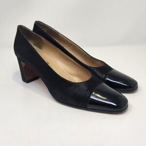 Salvatore Ferragamo Black Suede Patent Cap Toe Pumps Heels Size 9.5 AA Slip On